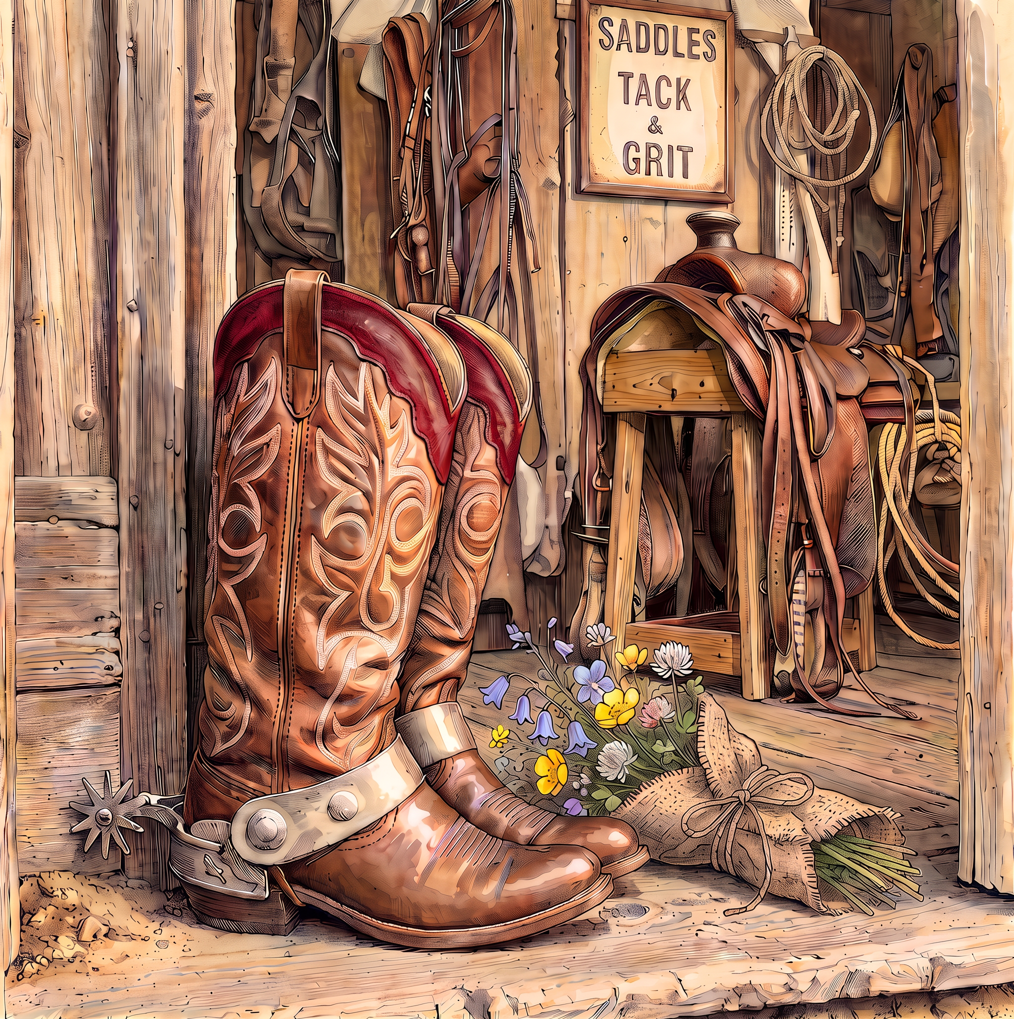 Working ranch clipart preview with cattle, horses, and ranch dogs