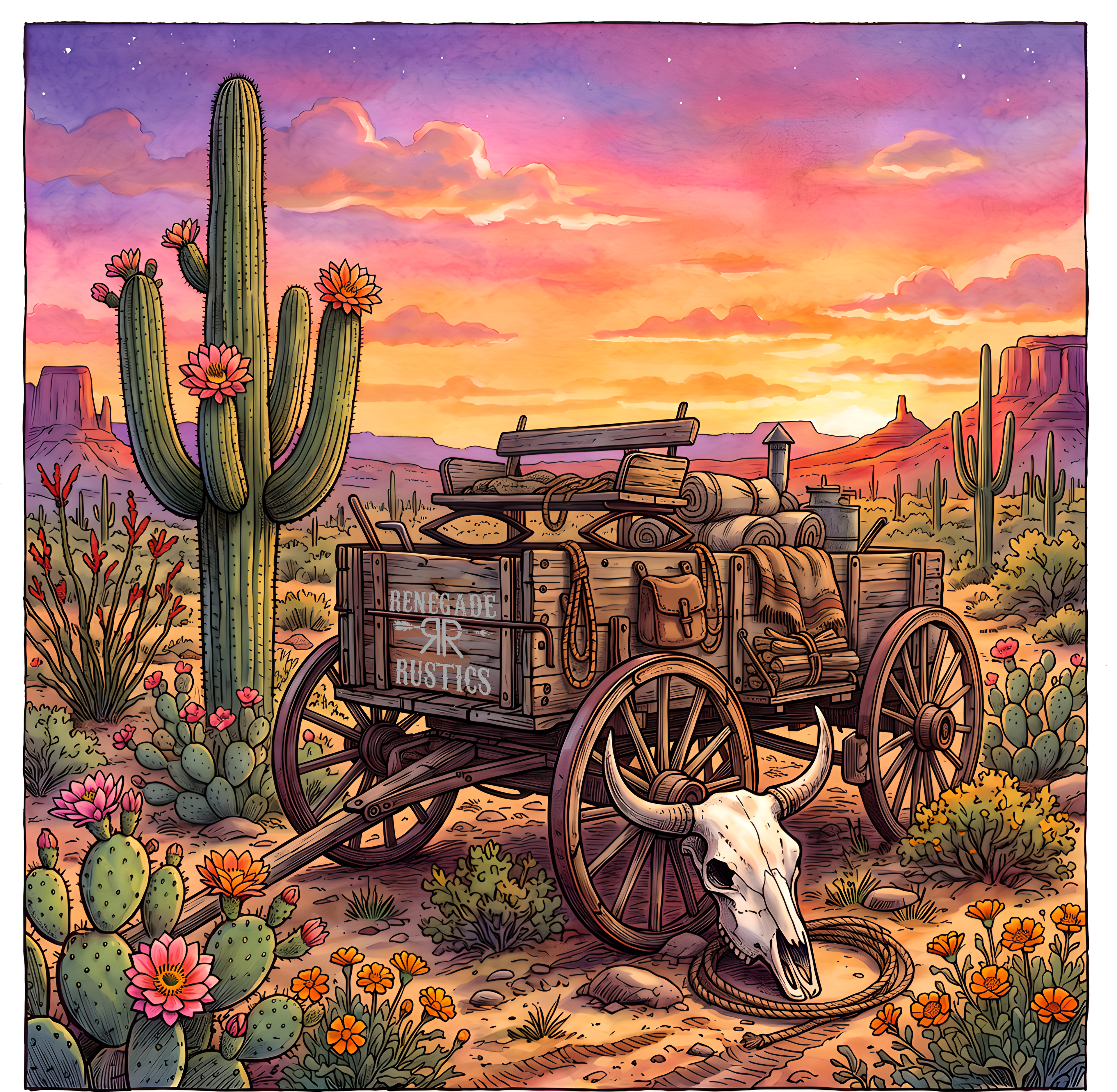 Desert Blooms desert wagon western clipart design